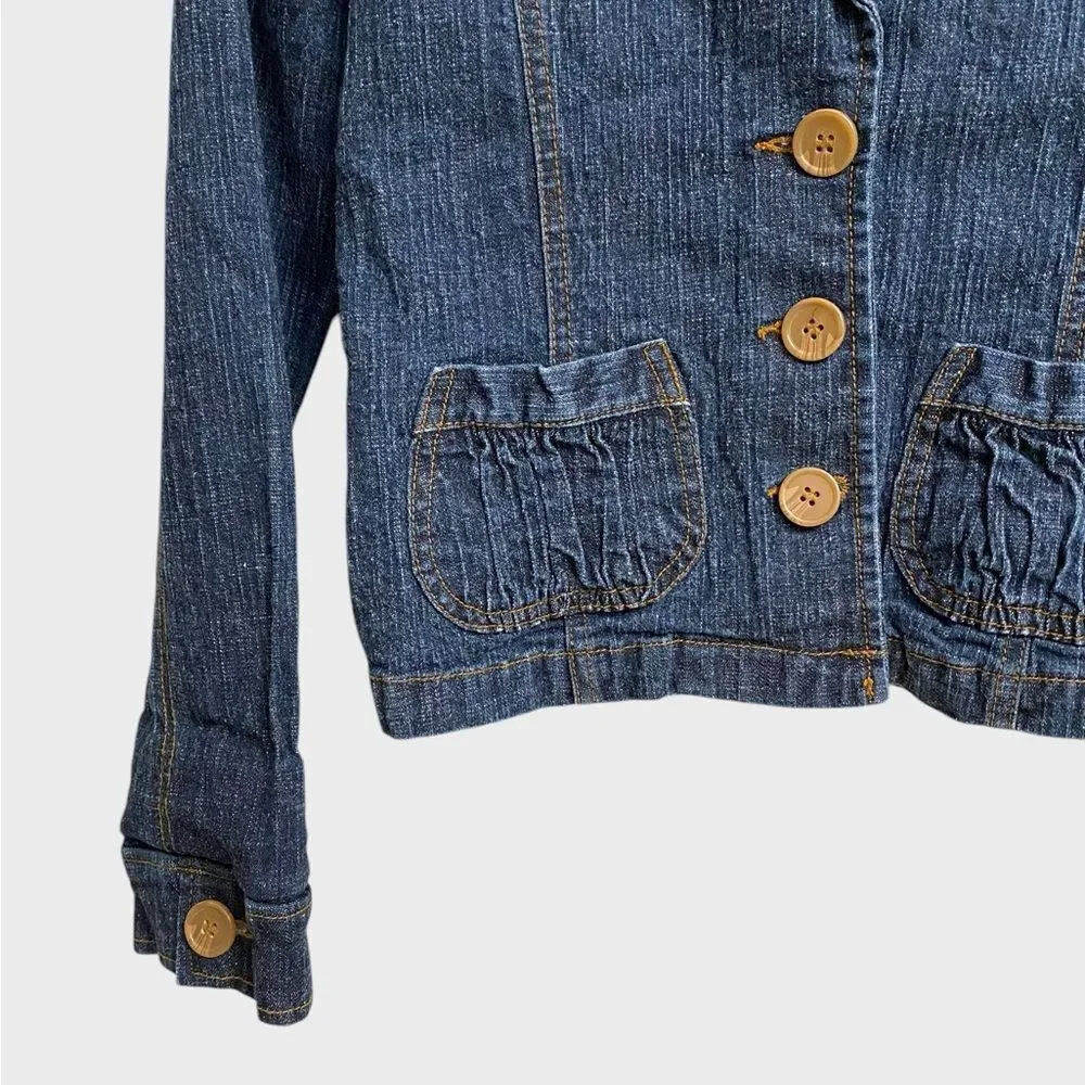 Tulle Women's Three-Button Denim Jacket Sz L Fitted Pockets Retro Chic Coquette